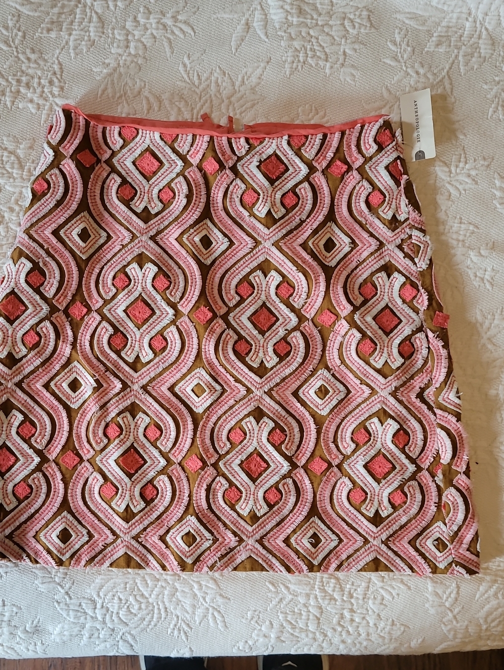 Anthropologie Pink and Brown Embroidered Geometric Mini Skirt